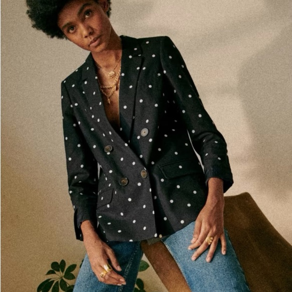 NWT Sézane Christie Jacket Black Polka Dot Double Breasted Blazer